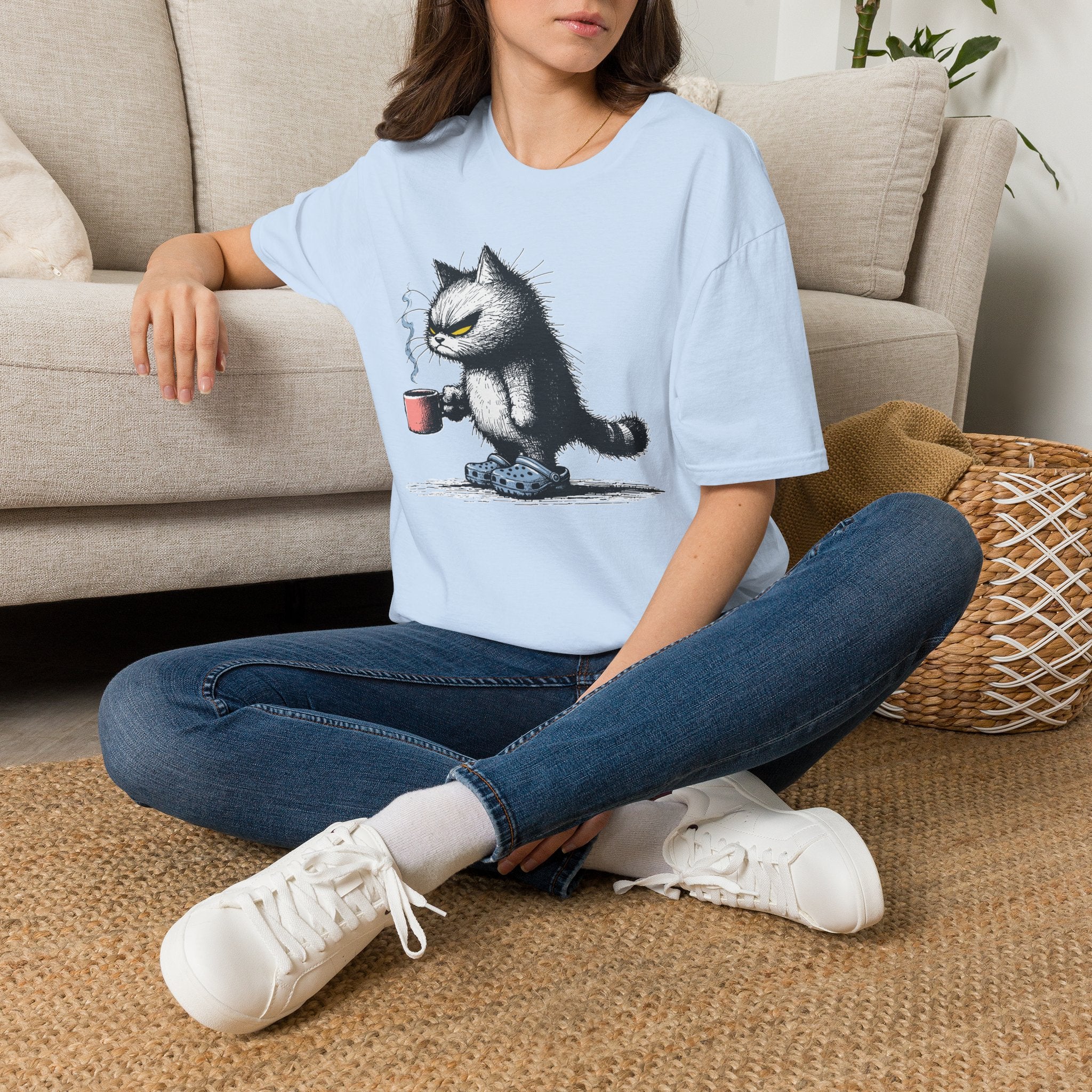 Cat Coffee T-Shirt — Grumpy Cat Holding Mug Illustration
