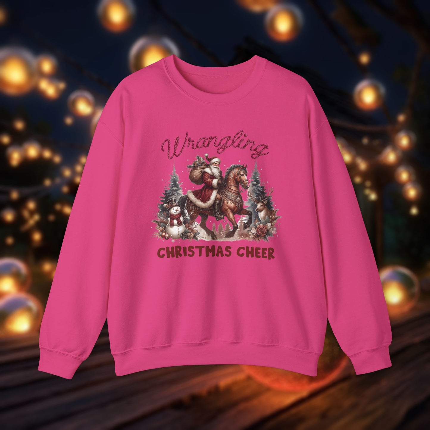 Christmas Western Sweatshirt with Santa on Horse and Snowman