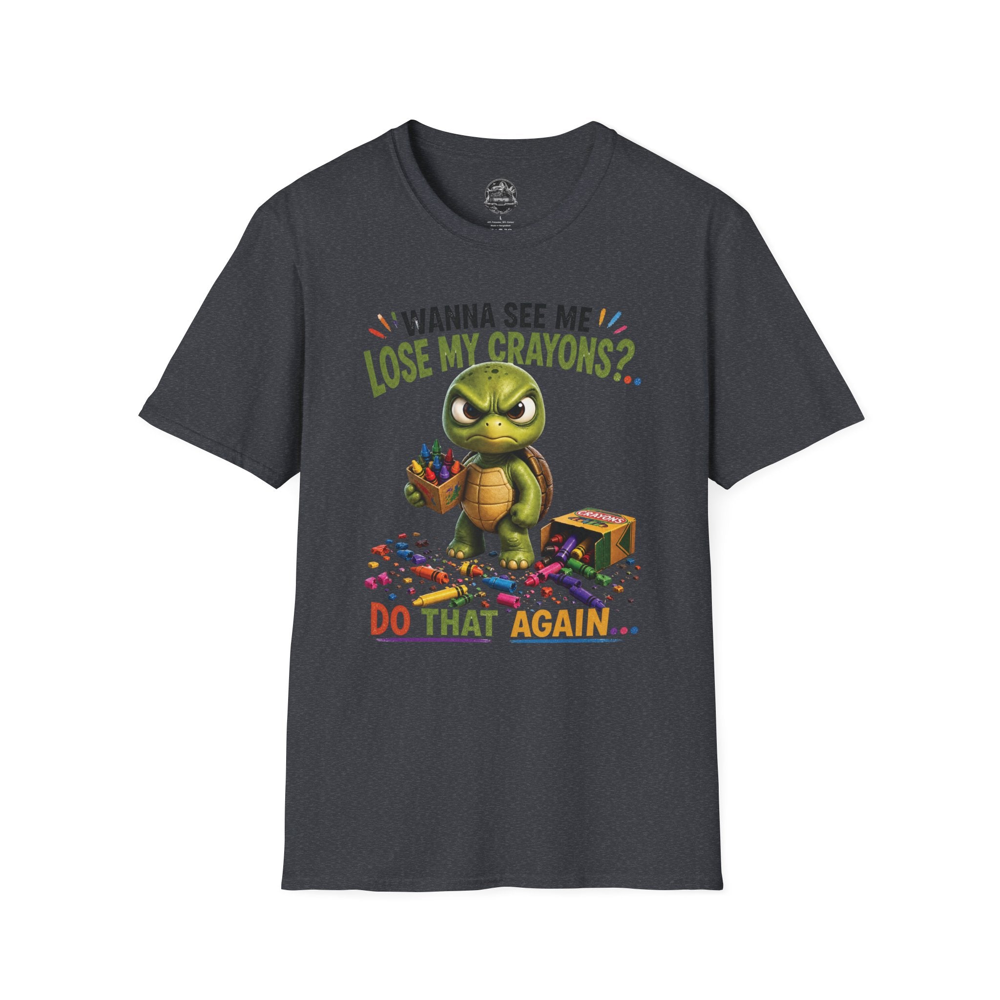 Funny Angry Turtle T-Shirt — “Wanna See Me Lose My Crayons? Do That Again…” — Teacher & Art Lover Tee