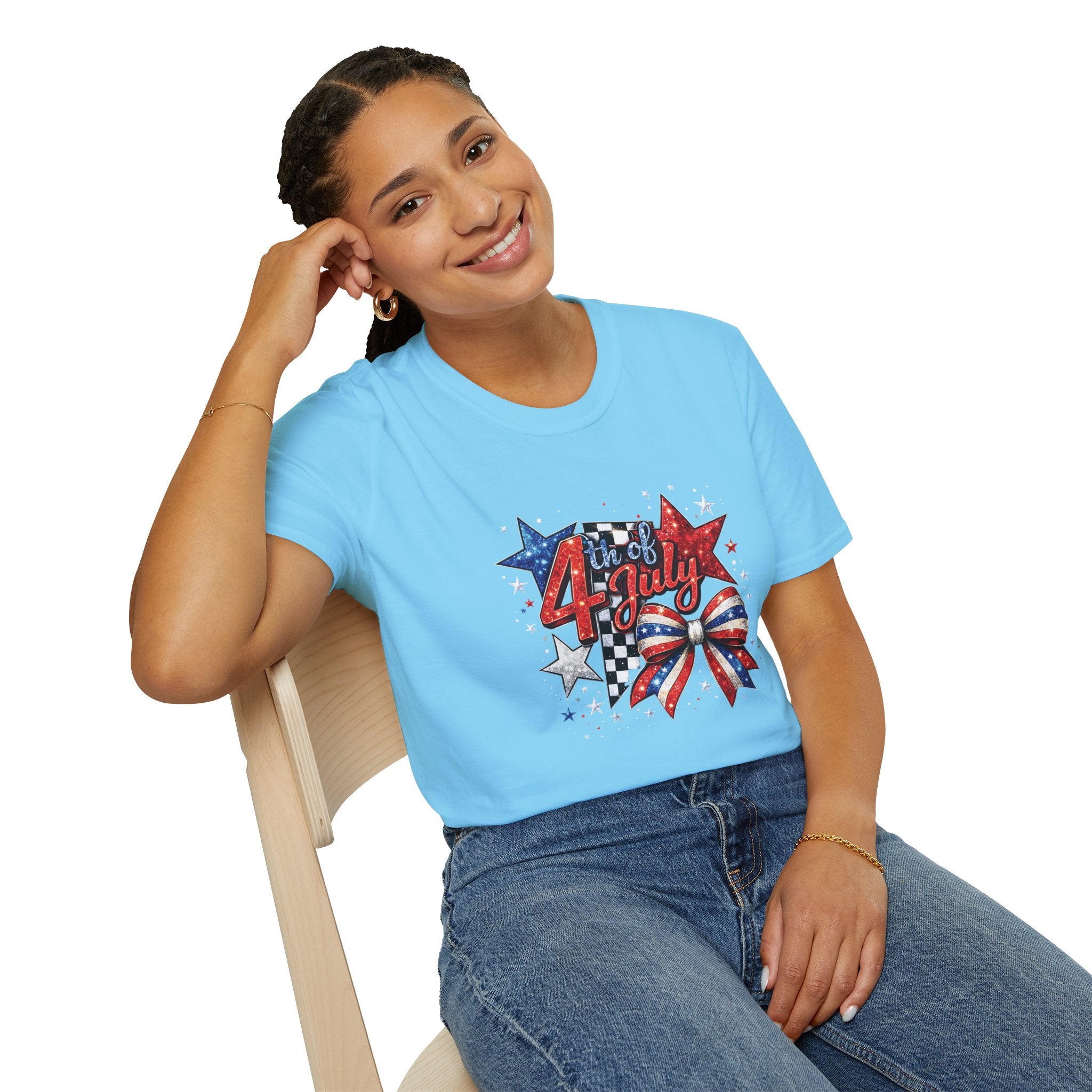 4th of July Patriotic T-Shirt – Red White Blue Stars & Bow Design
