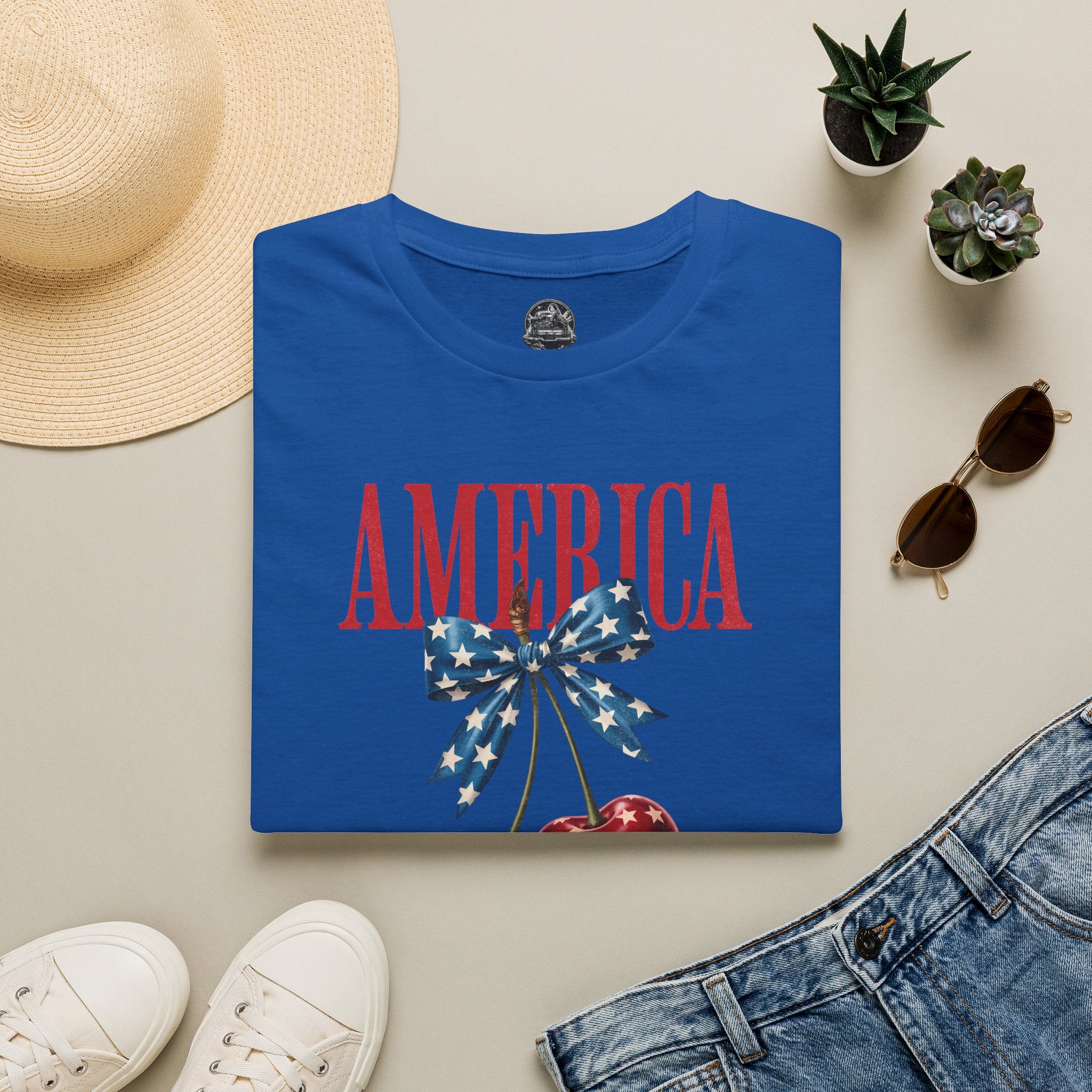 Patriotic Cherry T-Shirt — Glossy Stars & Vintage “AMERICA” Design