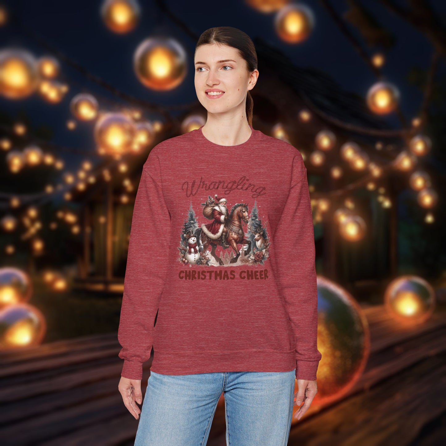 Christmas Western Sweatshirt with Santa on Horse and Snowman