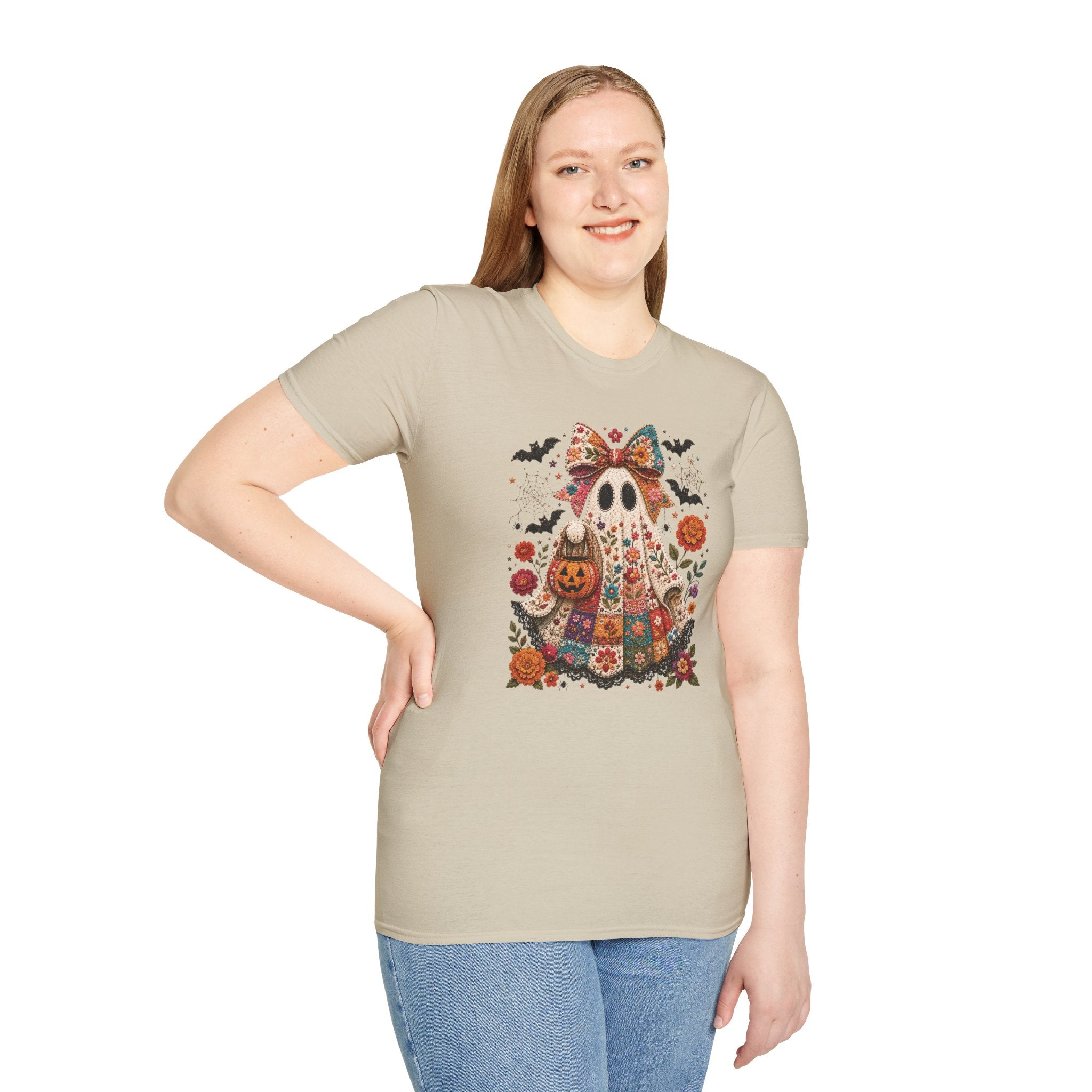 Patchwork Floral Ghost Halloween Shirt | Quilted Boho Ghost with Pumpkin and Bats
