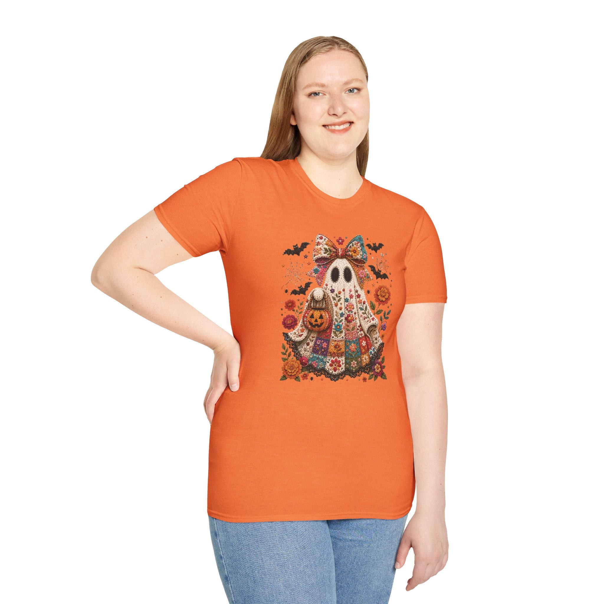Patchwork Floral Ghost Halloween Shirt | Quilted Boho Ghost with Pumpkin and Bats