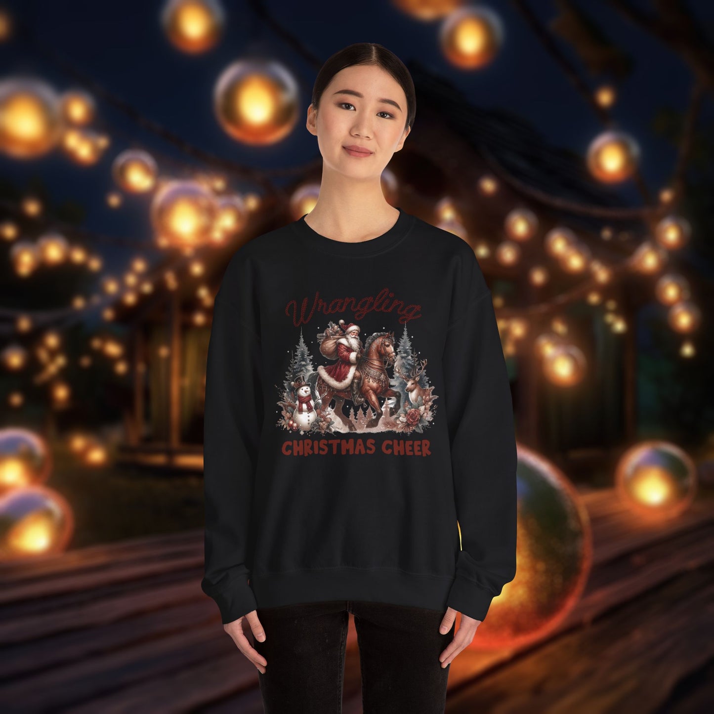 Christmas Western Sweatshirt with Santa on Horse and Snowman