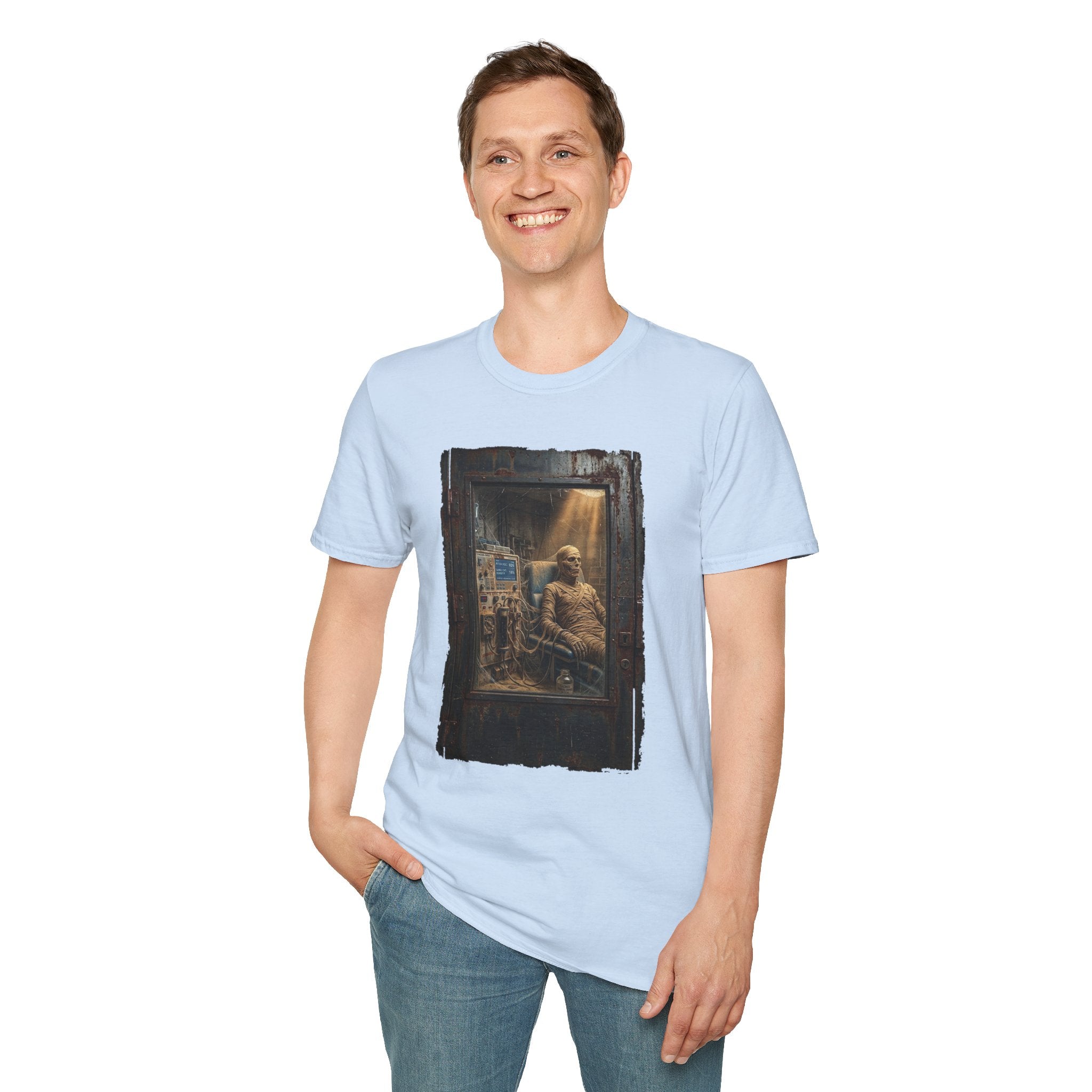 Horror Mummy Room Graphic T‑Shirt — Vintage Creepy Museum Scene Tee