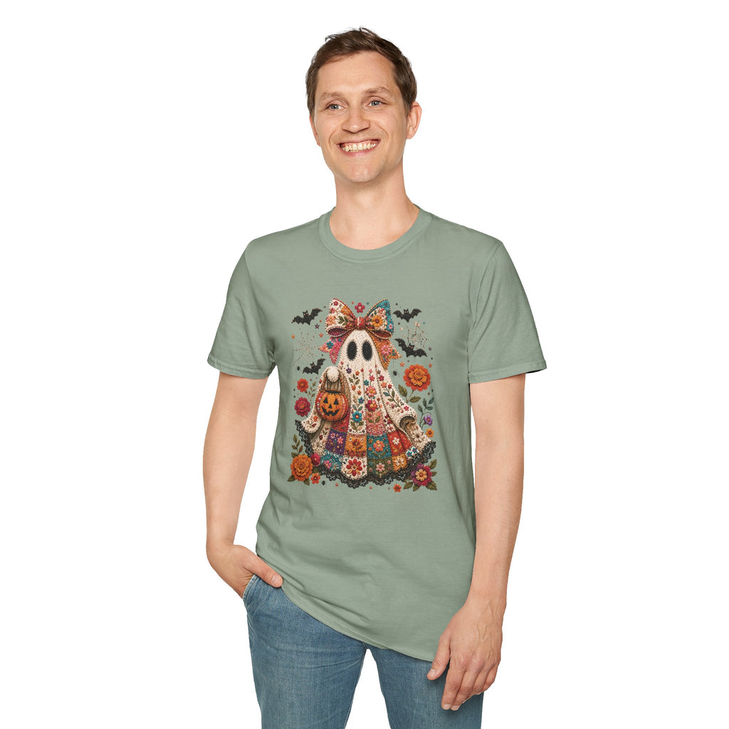 Patchwork Floral Ghost Halloween Shirt | Quilted Boho Ghost with Pumpkin and Bats