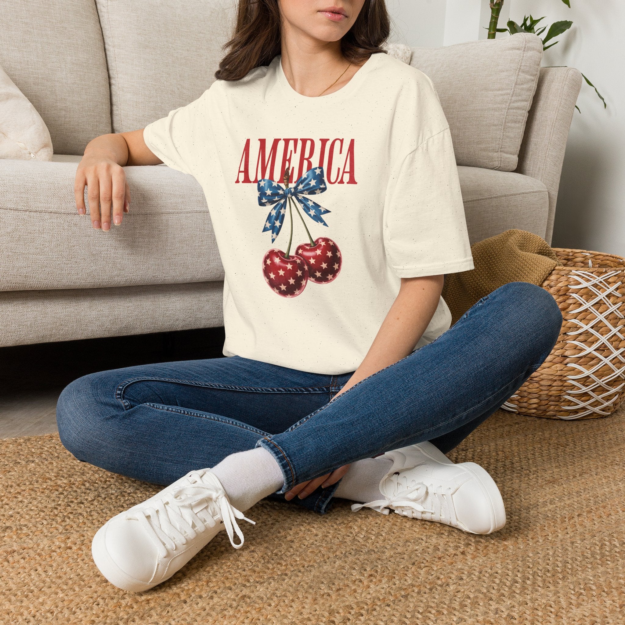 Patriotic Cherry T-Shirt — Glossy Stars & Vintage “AMERICA” Design