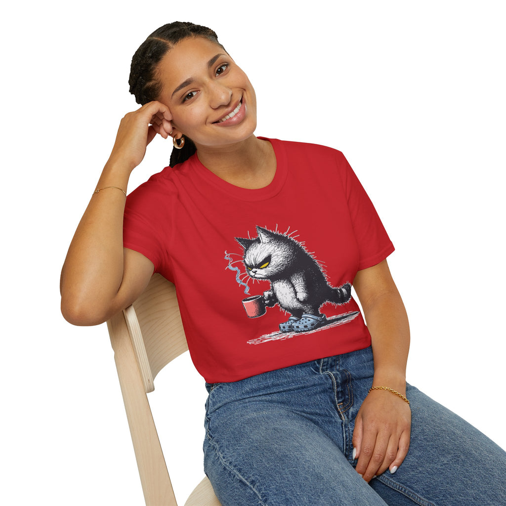 Cat Coffee T-Shirt — Grumpy Cat Holding Mug Illustration