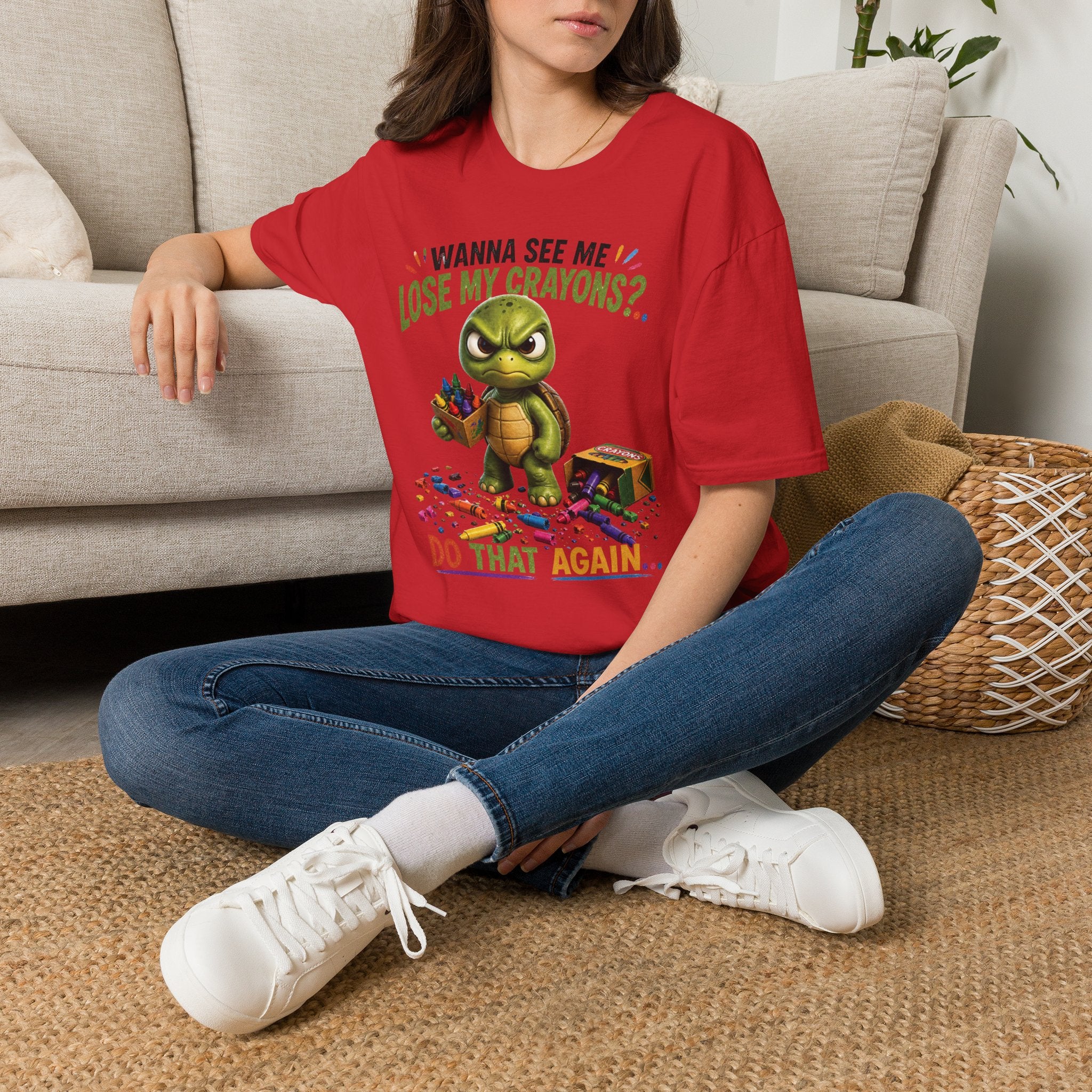 Funny Angry Turtle T-Shirt — “Wanna See Me Lose My Crayons? Do That Again…” — Teacher & Art Lover Tee
