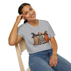 Halloween Ghost Trio T-Shirt — Leopard, Checker & Pumpkin Hat Design