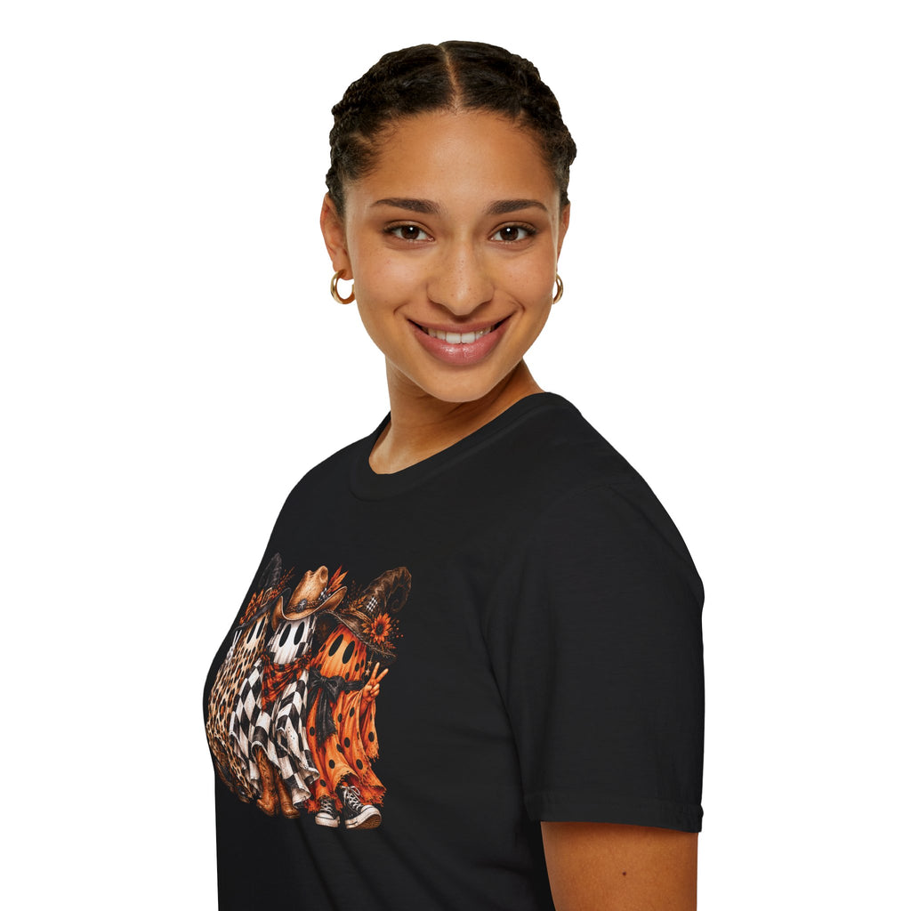 Halloween Pumpkin Crew T-Shirt — Leopard & Buffalo Plaid Spooky Friends