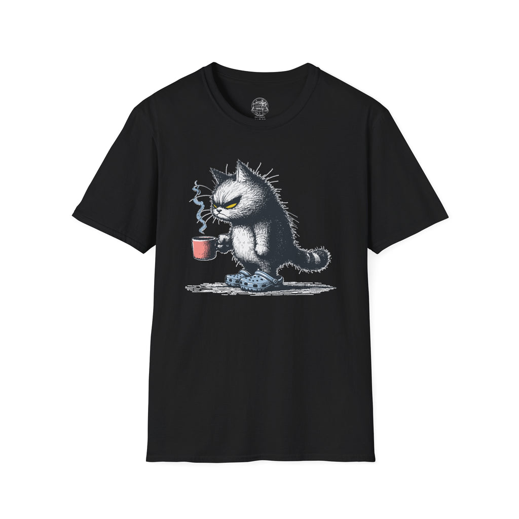 Cat Coffee T-Shirt — Grumpy Cat Holding Mug Illustration