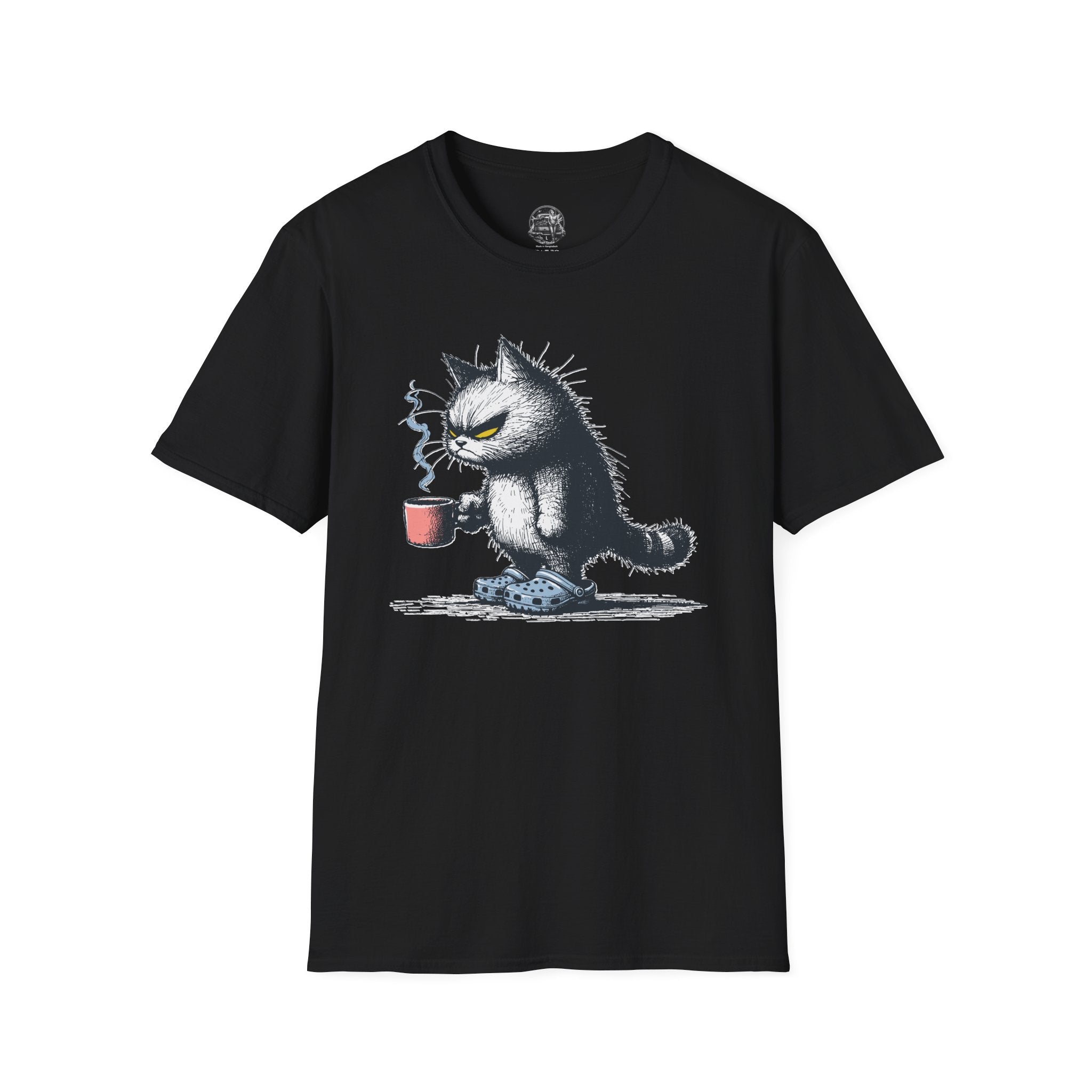 Cat Coffee T-Shirt — Grumpy Cat Holding Mug Illustration