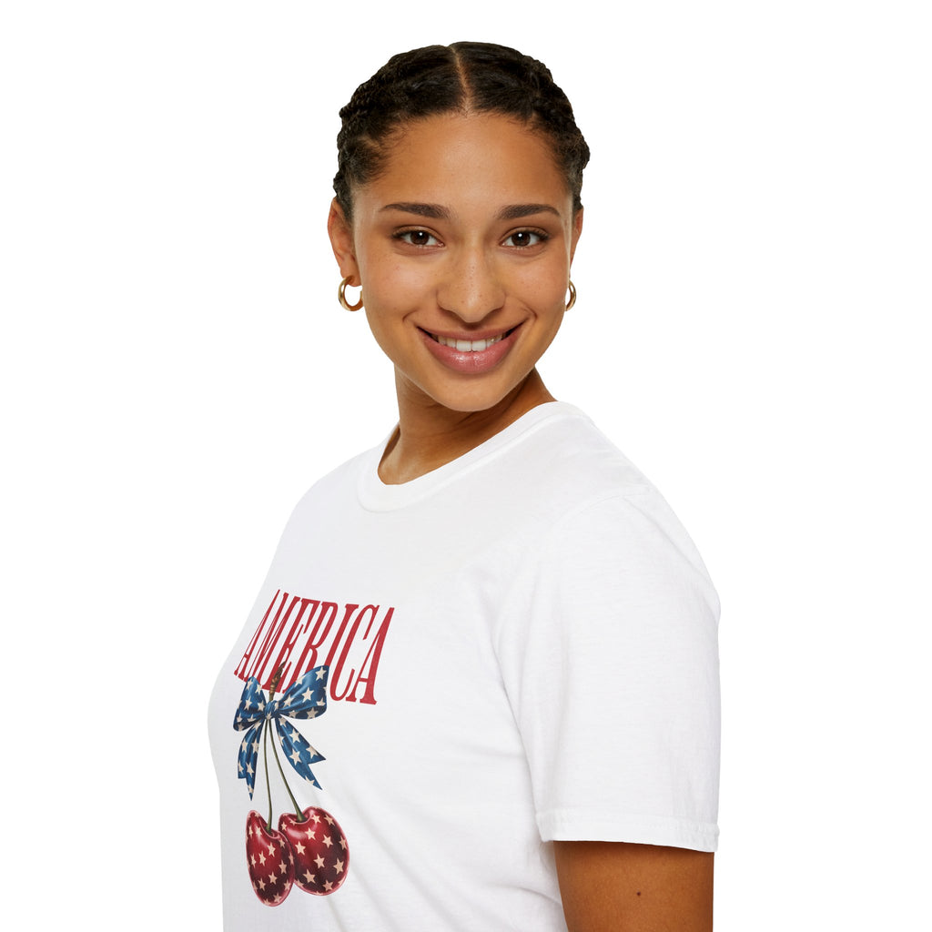 America Cherry Graphic T‑Shirt — Patriotic Stars & Stripes Bow Tee