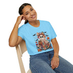 Patchwork Floral Ghost Halloween Shirt | Quilted Boho Ghost with Pumpkin and Bats