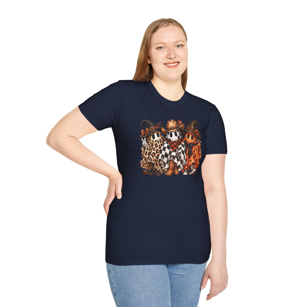 Halloween Pumpkin Crew T-Shirt — Leopard & Buffalo Plaid Spooky Friends