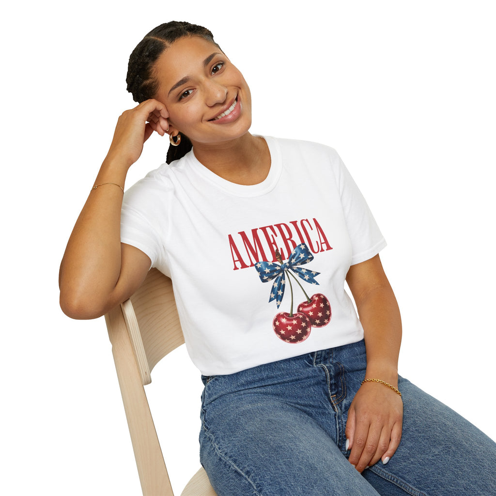 America Cherry Graphic T‑Shirt — Patriotic Stars & Stripes Bow Tee