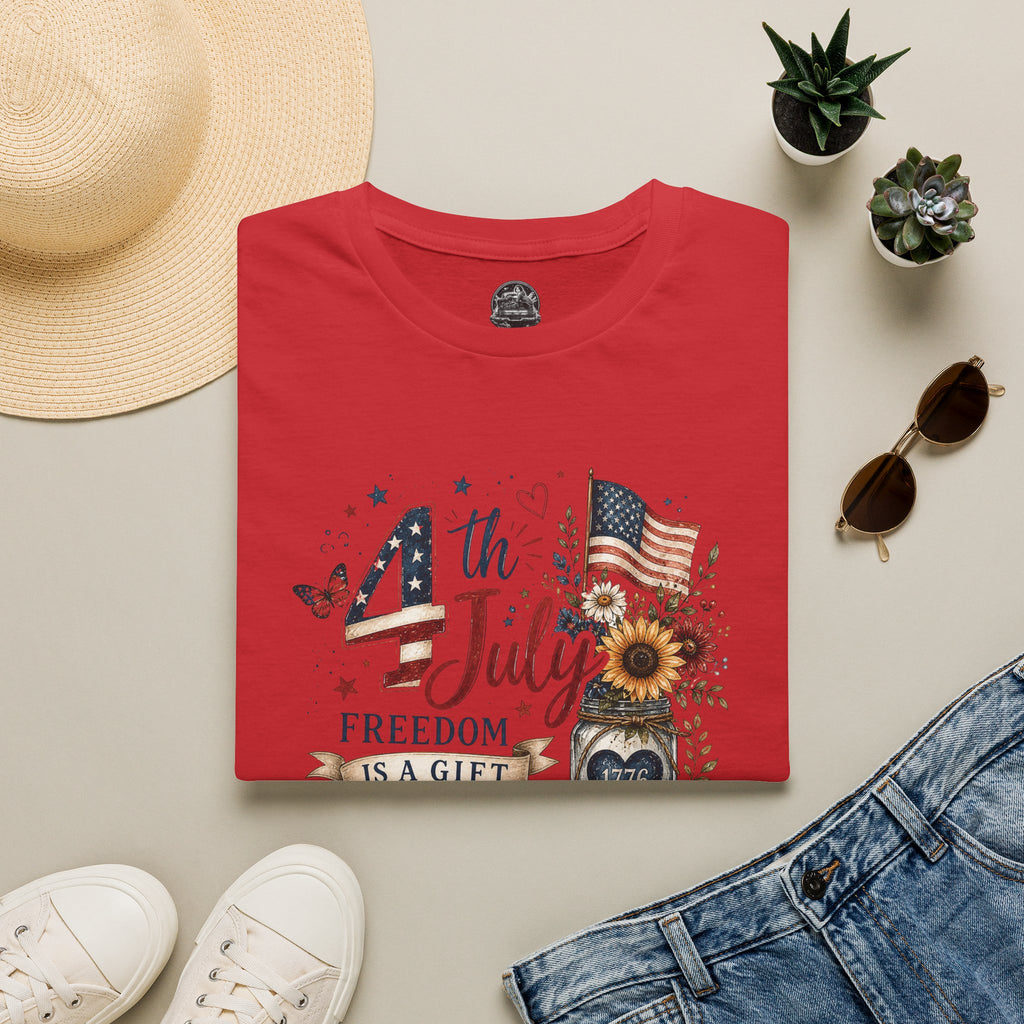 4th of July T-Shirt — "Freedom Is A Gift" Patriotic American Flag & Sunflower Tee
