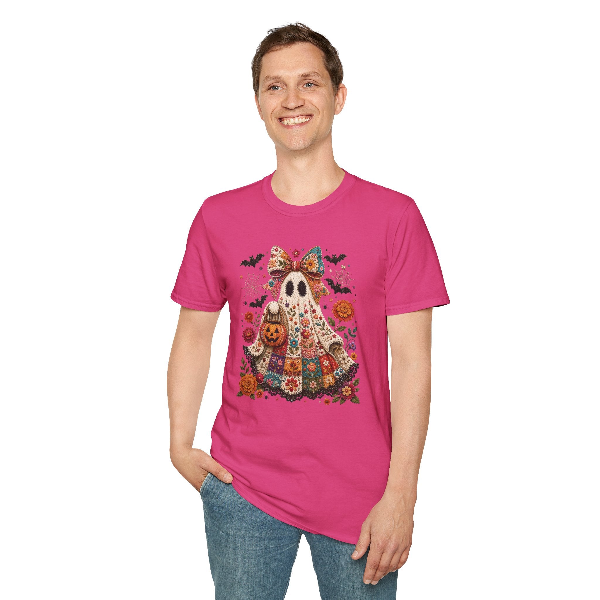 Patchwork Floral Ghost Halloween Shirt | Quilted Boho Ghost with Pumpkin and Bats