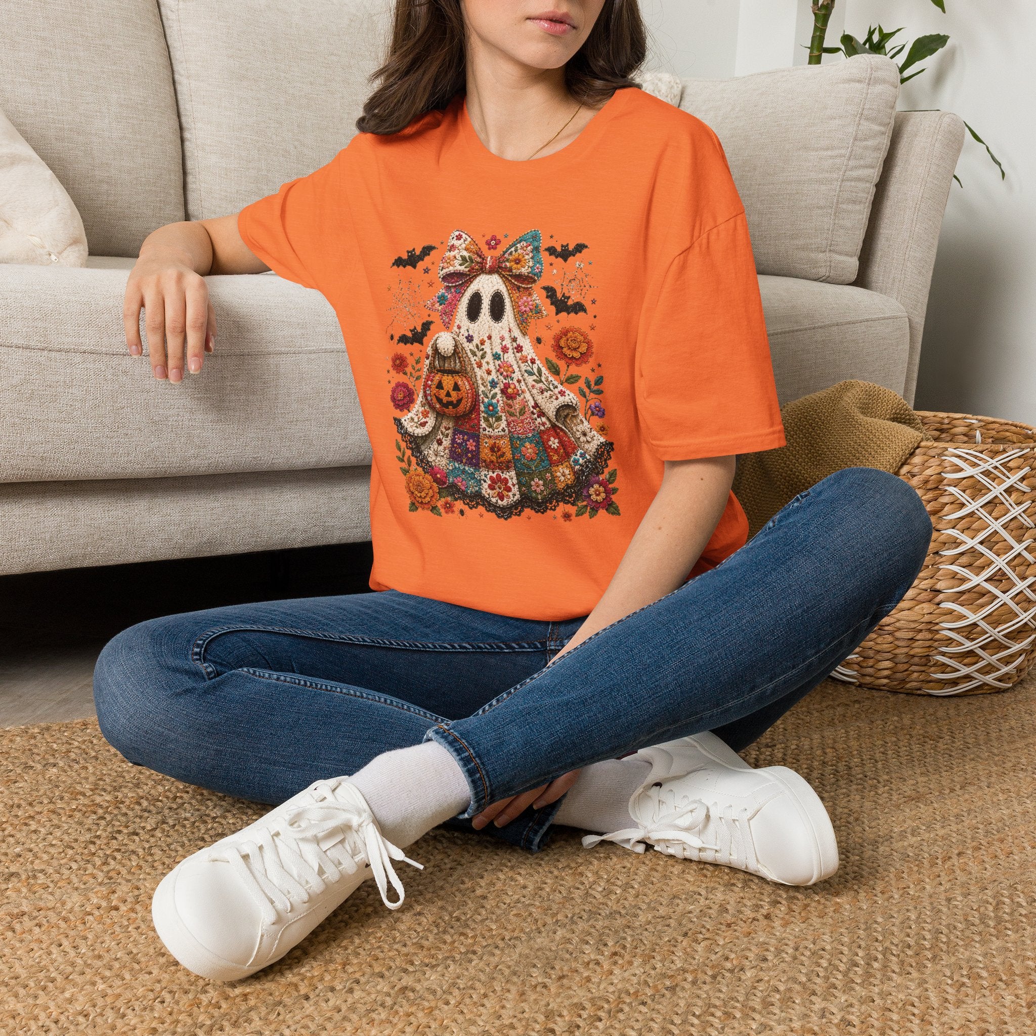 Patchwork Floral Ghost Halloween Shirt | Quilted Boho Ghost with Pumpkin and Bats