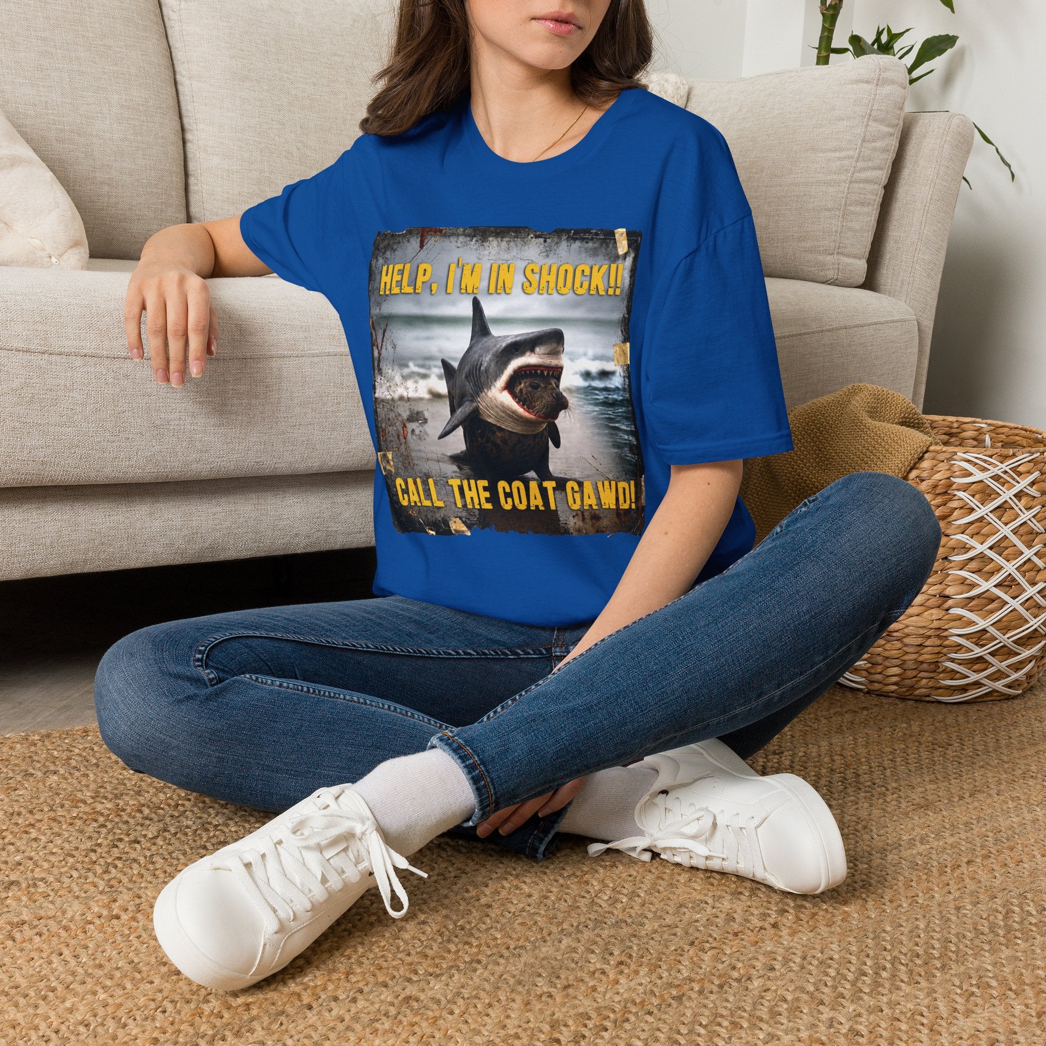 Shark Graphic T-Shirt — "Help, I'm in Shock!" Funny Beachwear