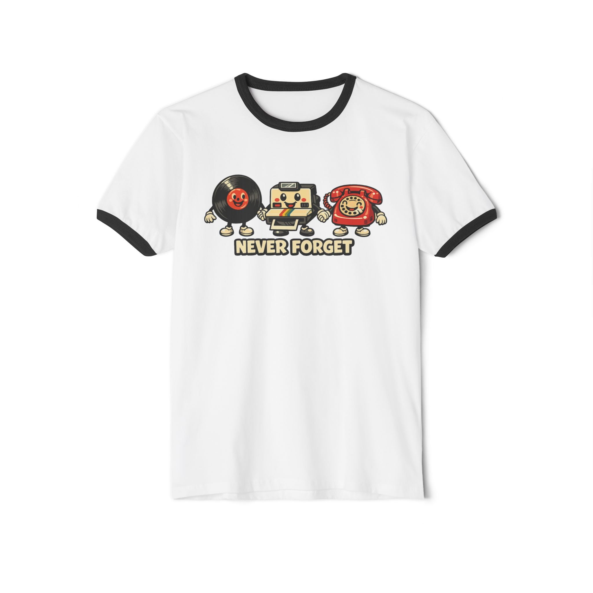 Retro Tech Ringer Tee — "Never Forget" Vinyl, Floppy Disk & Rotary Phone Graphic