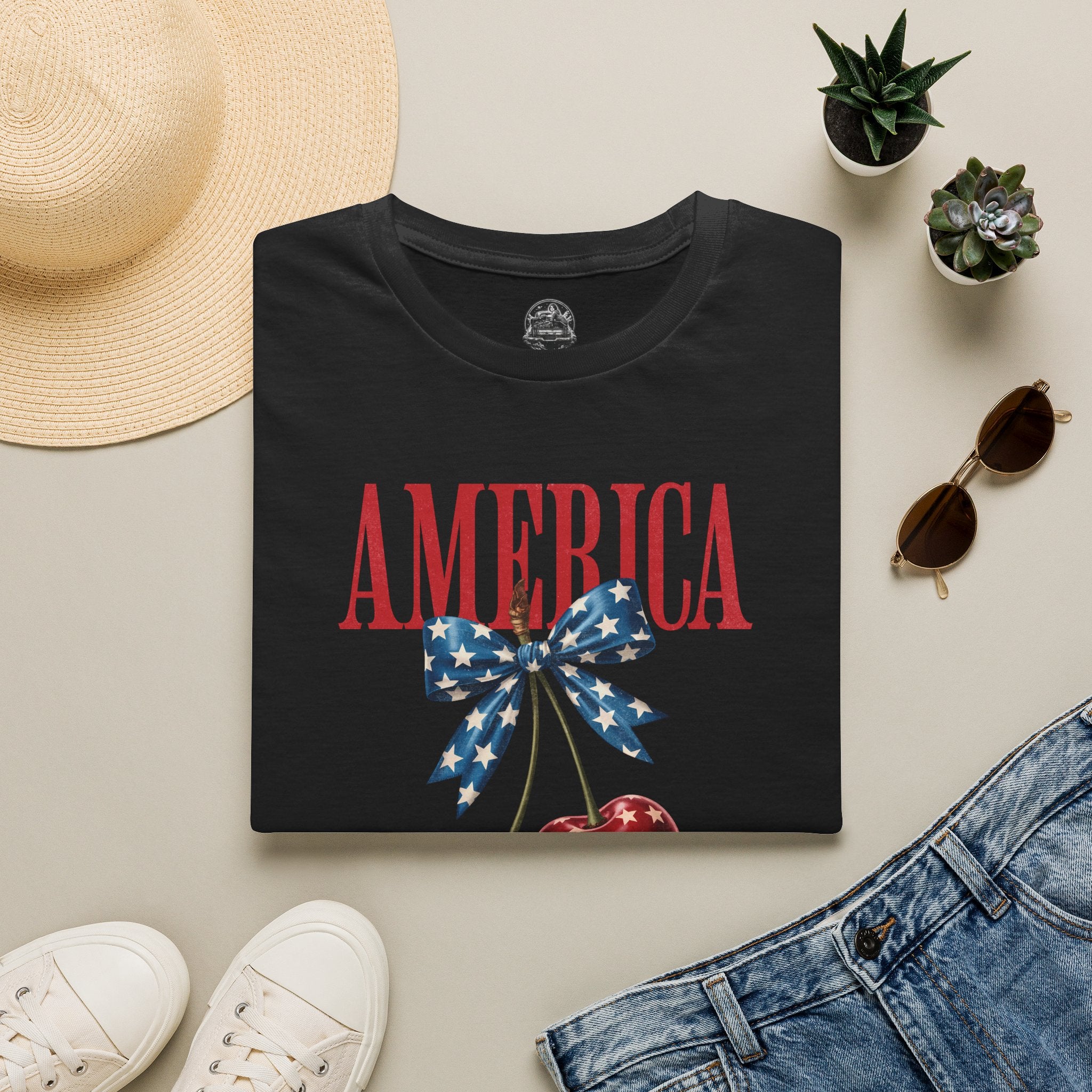 Patriotic Cherry T-Shirt — Glossy Stars & Vintage “AMERICA” Design