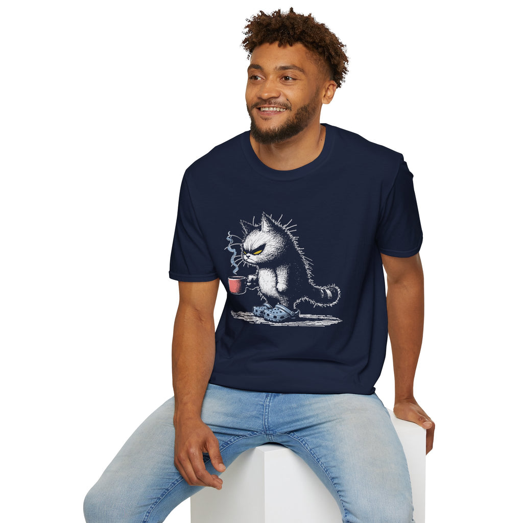 Grumpy Cat with Coffee T-Shirt — Moody Morning Cat Graphic Tee