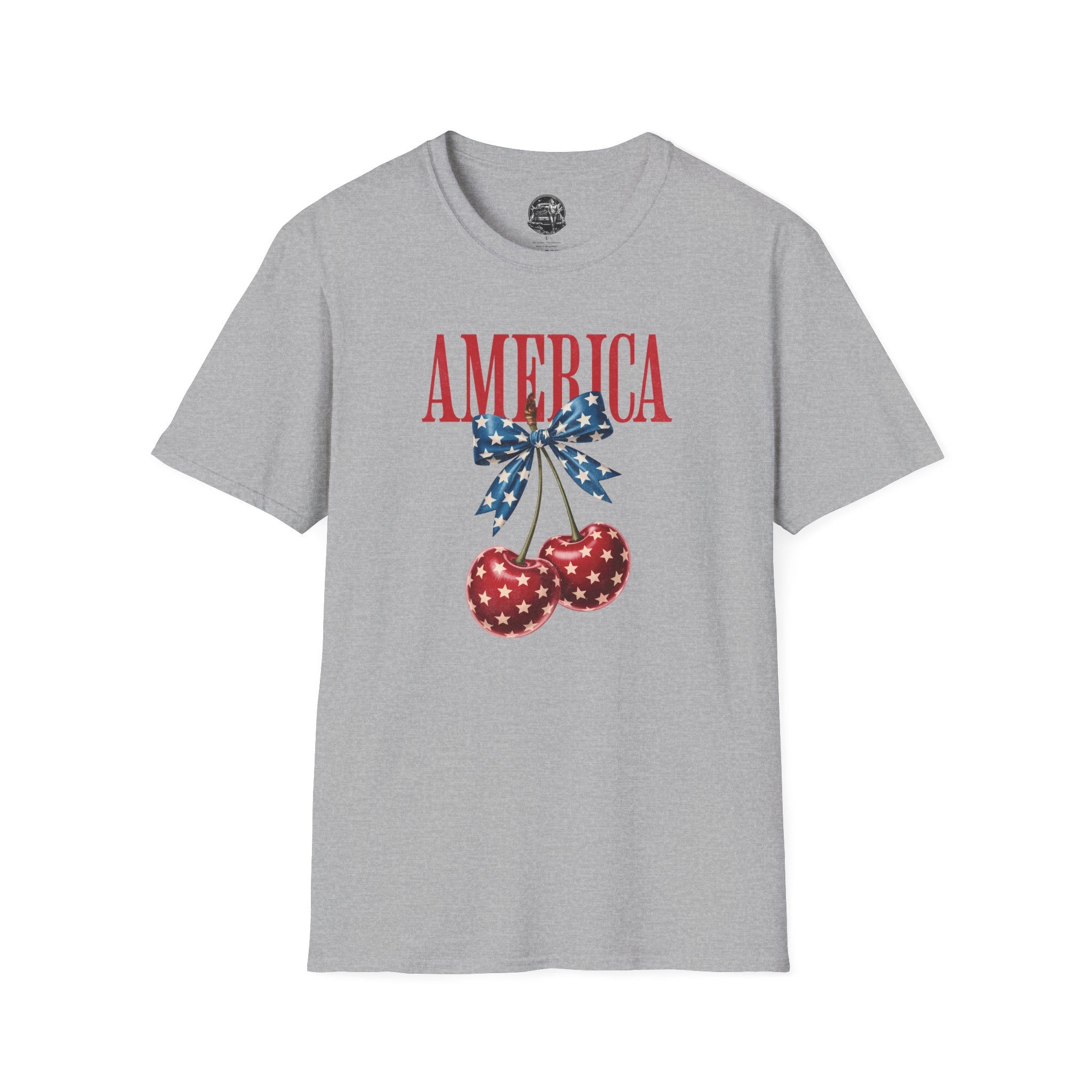 Patriotic Cherry T-Shirt — Glossy Stars & Vintage “AMERICA” Design