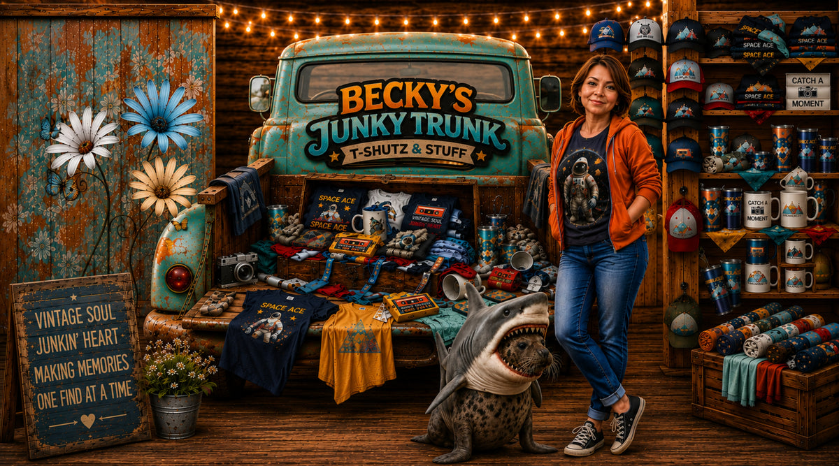 Turquoise vintage pickup with an open tailgate full of shirts and gifts, surrounded by warm string lights and vintage treasures